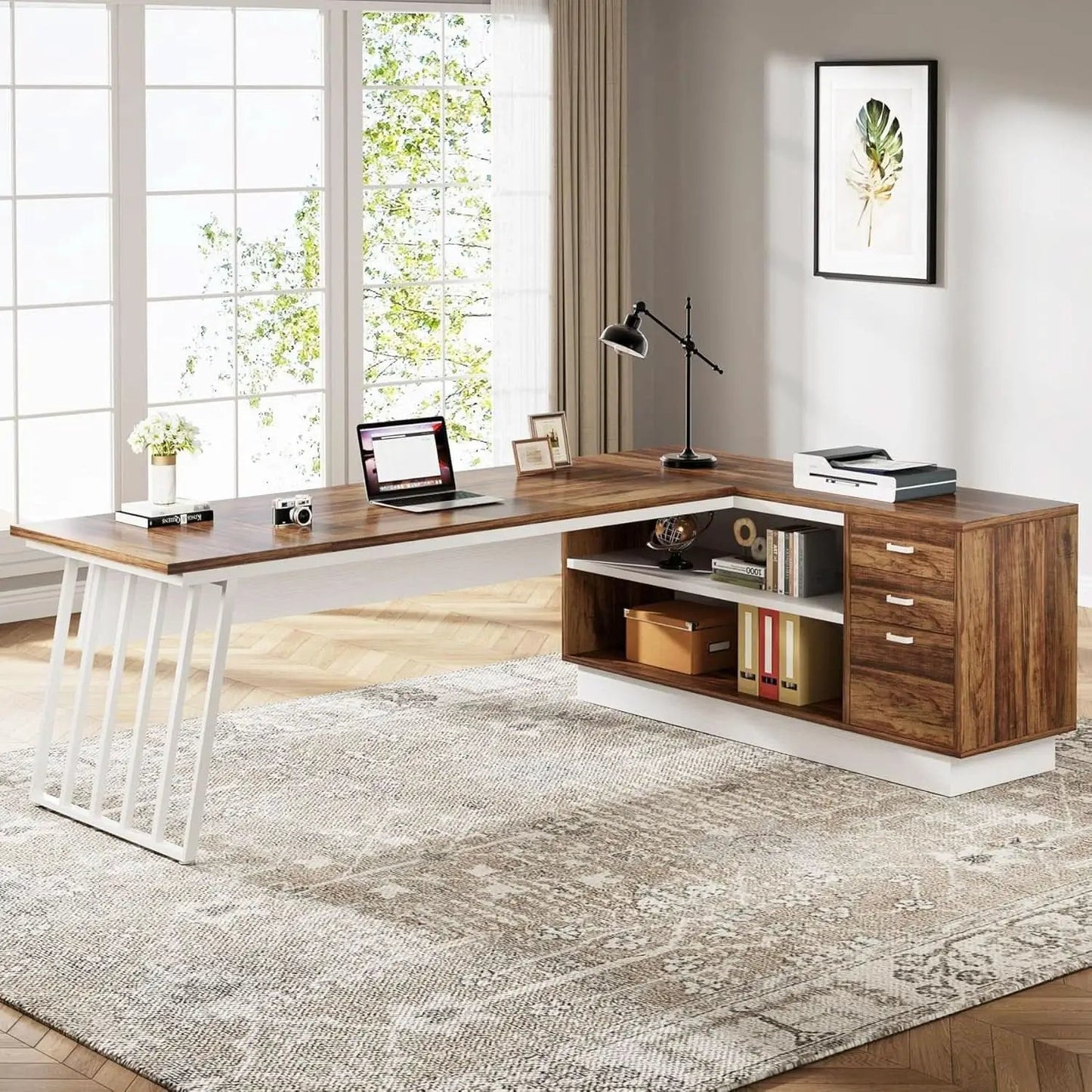 L-Shaped Executive Desk with Storage Drawers and Shelves from PriceLows™
