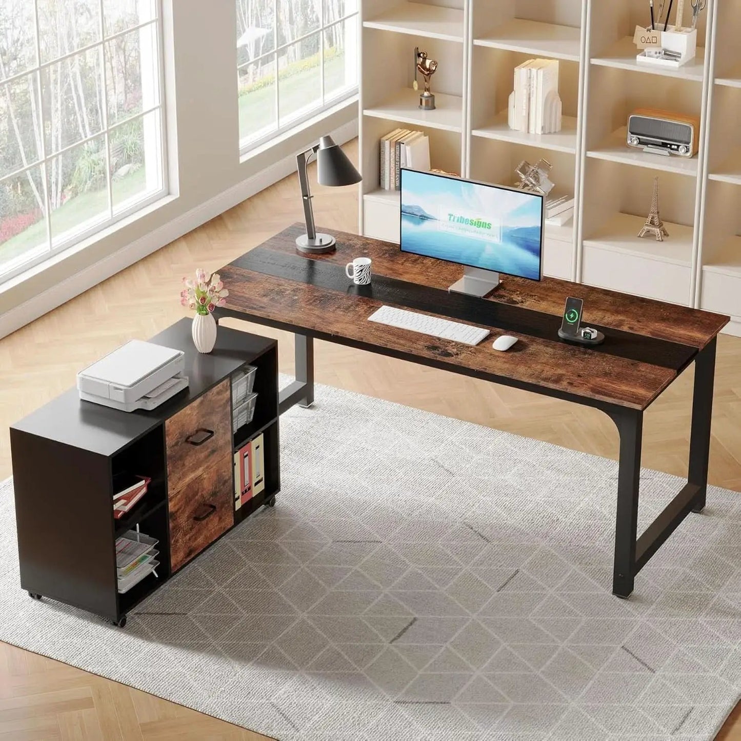 L-Shaped Executive Office Desk With Spacious File Cabinet from PriceLows™