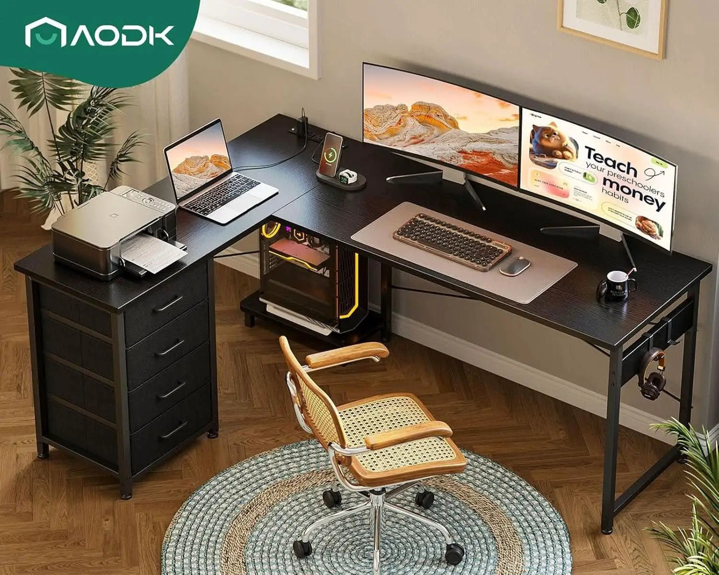 L Shaped Gaming Desk 61 Inch With Built In Power Outlets from PriceLows™