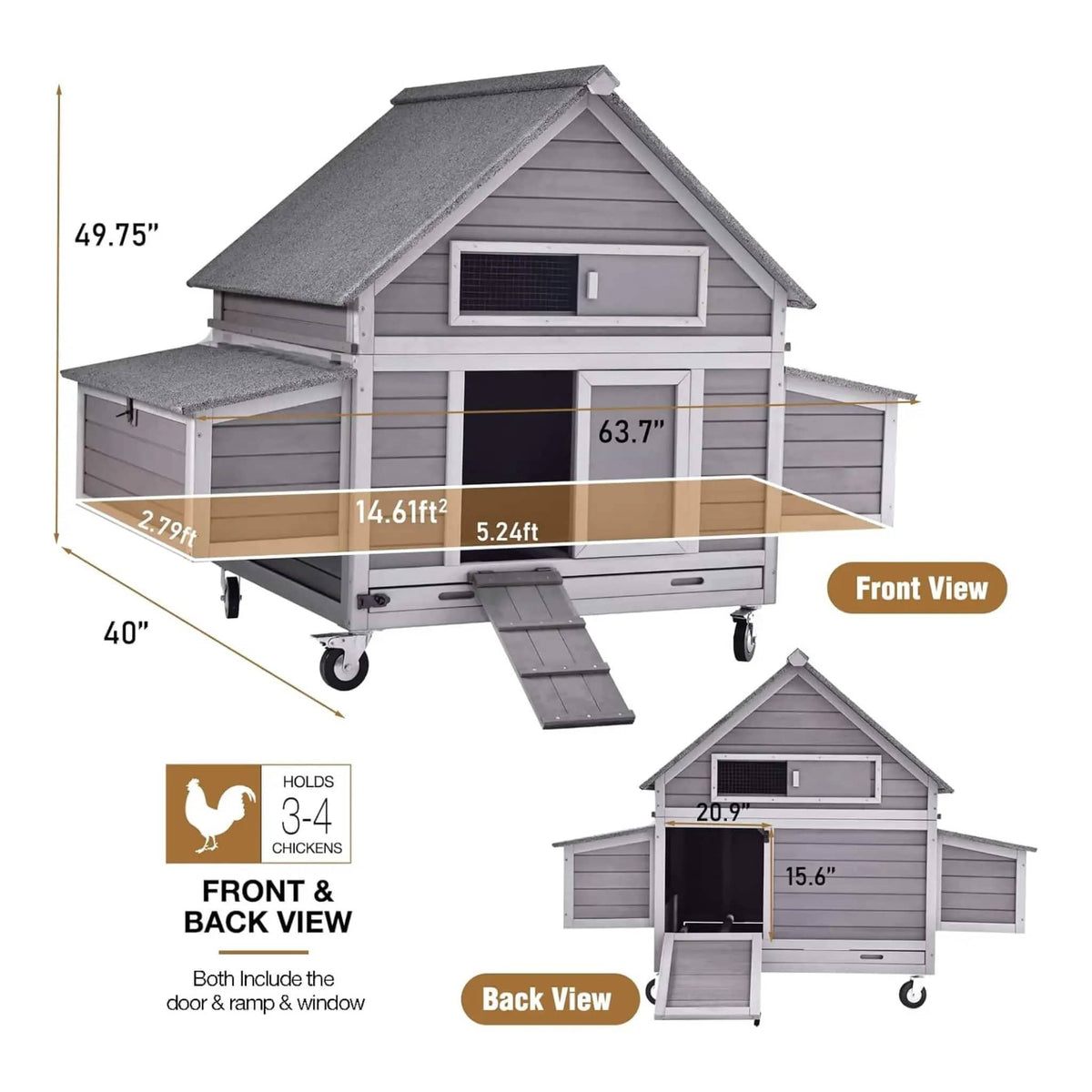 Large 63-Inch Movable Wooden Hen House With Wheels And Nesting Box | 63 Inch | Metal | Chicken Coop