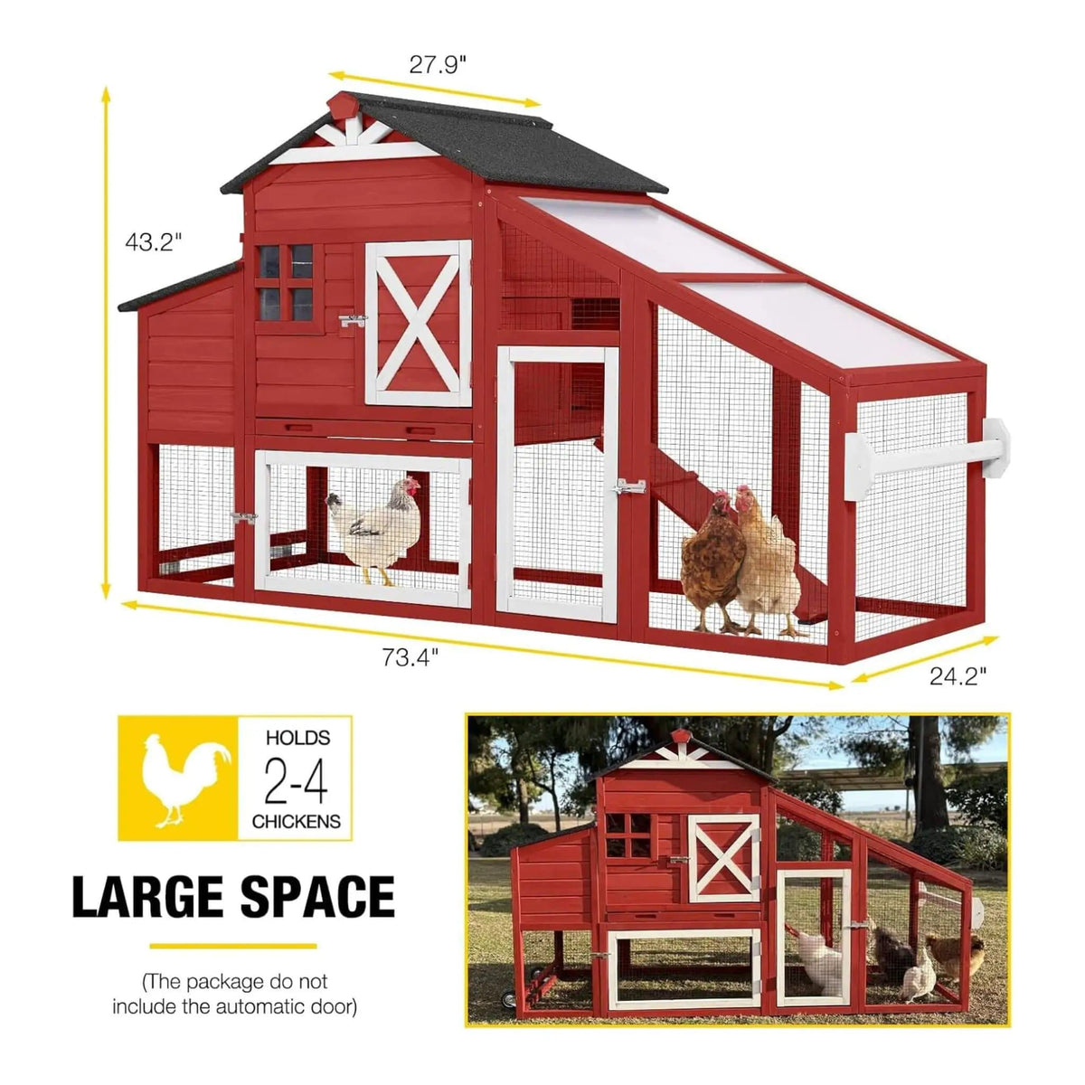 Large 73-Inch Portable Chicken Coop With Wheels And Nesting Box | 73 Inch | Wood | Home