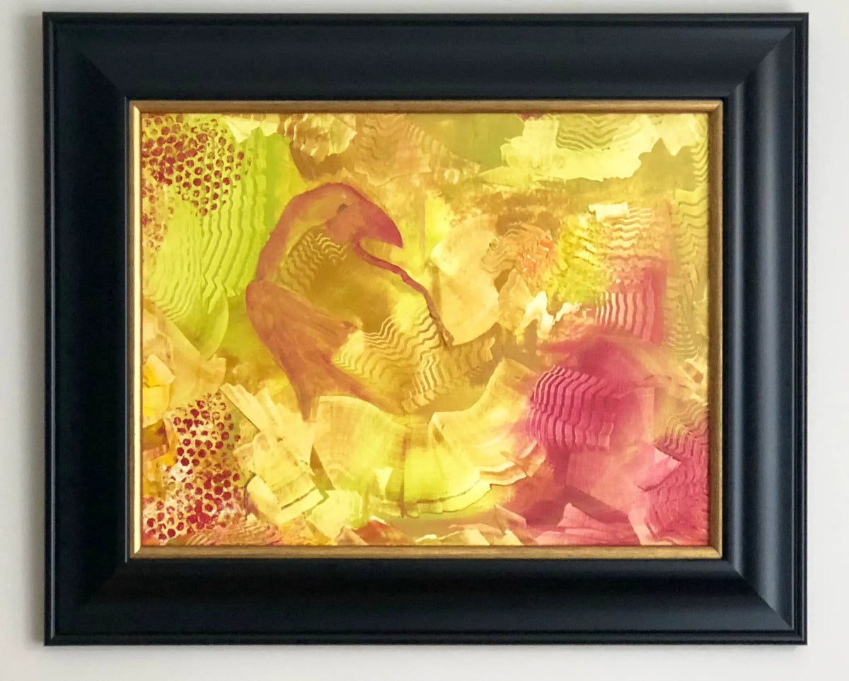 Abstract Raven Original Oil Painting | Painted in Shades of Red, Yellow, Orange | Framed | Collectors & Hosts