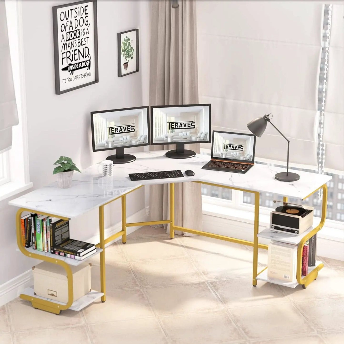 Modern L Shaped Desk with Large Shelves for Office from PriceLows™