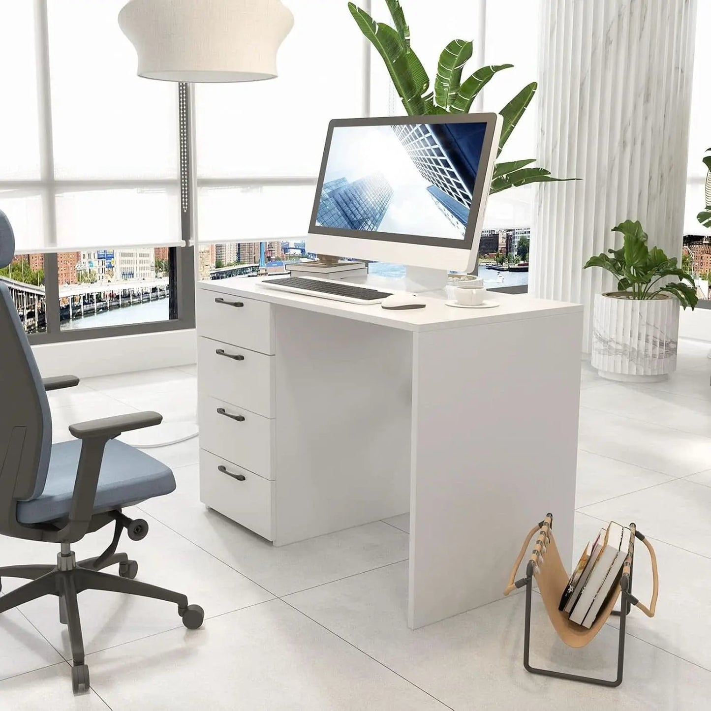 Modern White Computer Desk With Four Spacious Drawers from PriceLows™