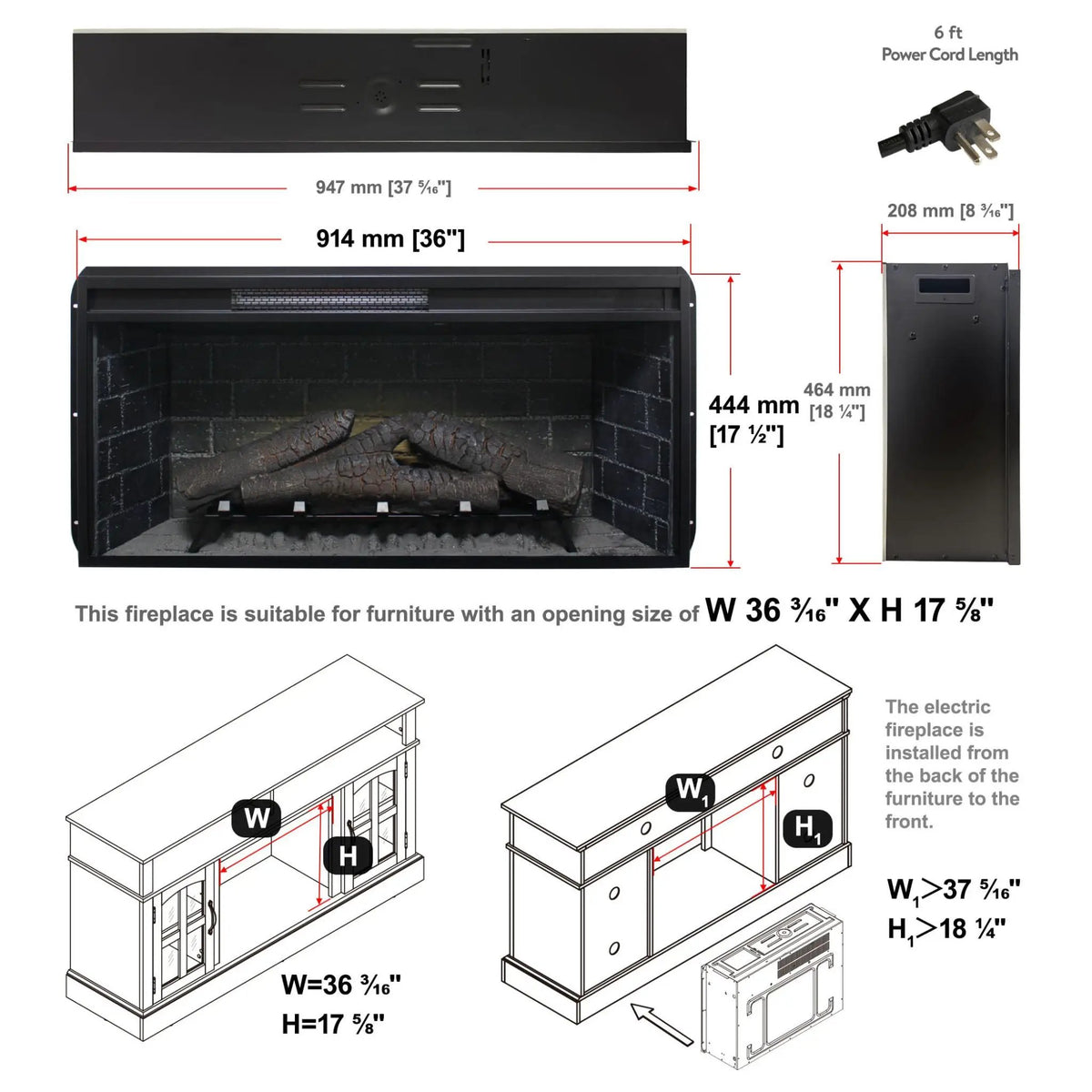 Electric Infrared Fireplace Insert | 36 Inch Antique Black | Touch Panel Control | Removable Trim Kit