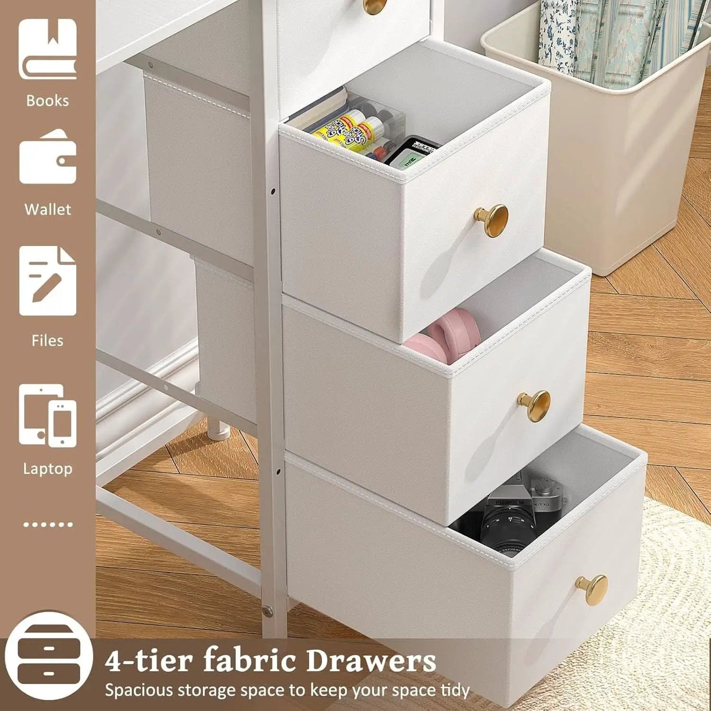 Small White Computer Desk With 4 Fabric Drawers 35 Inch from PriceLows™