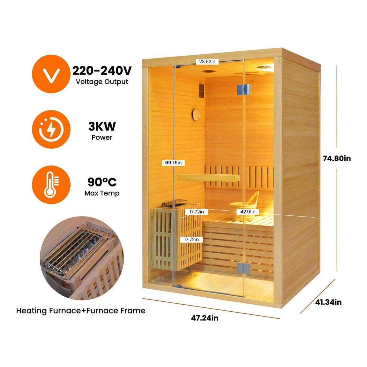 Alpine Premium 2-Person 3KW Hemlock Wood Sauna With LED Wall Light | 2-Person | 3 kW | Outdoor Living