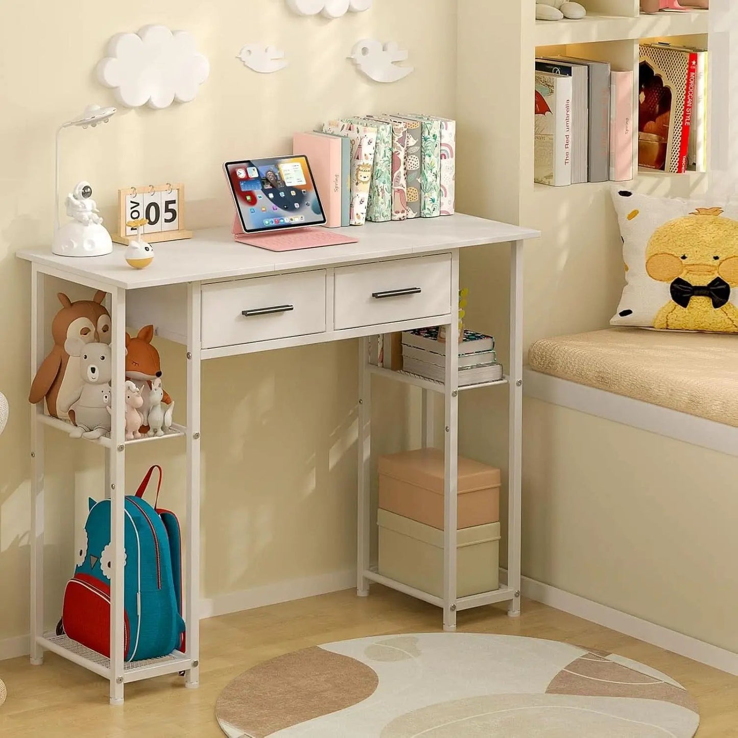 White Computer Desk 37.3 Inch With Drawers And Storage Shelves from PriceLows™