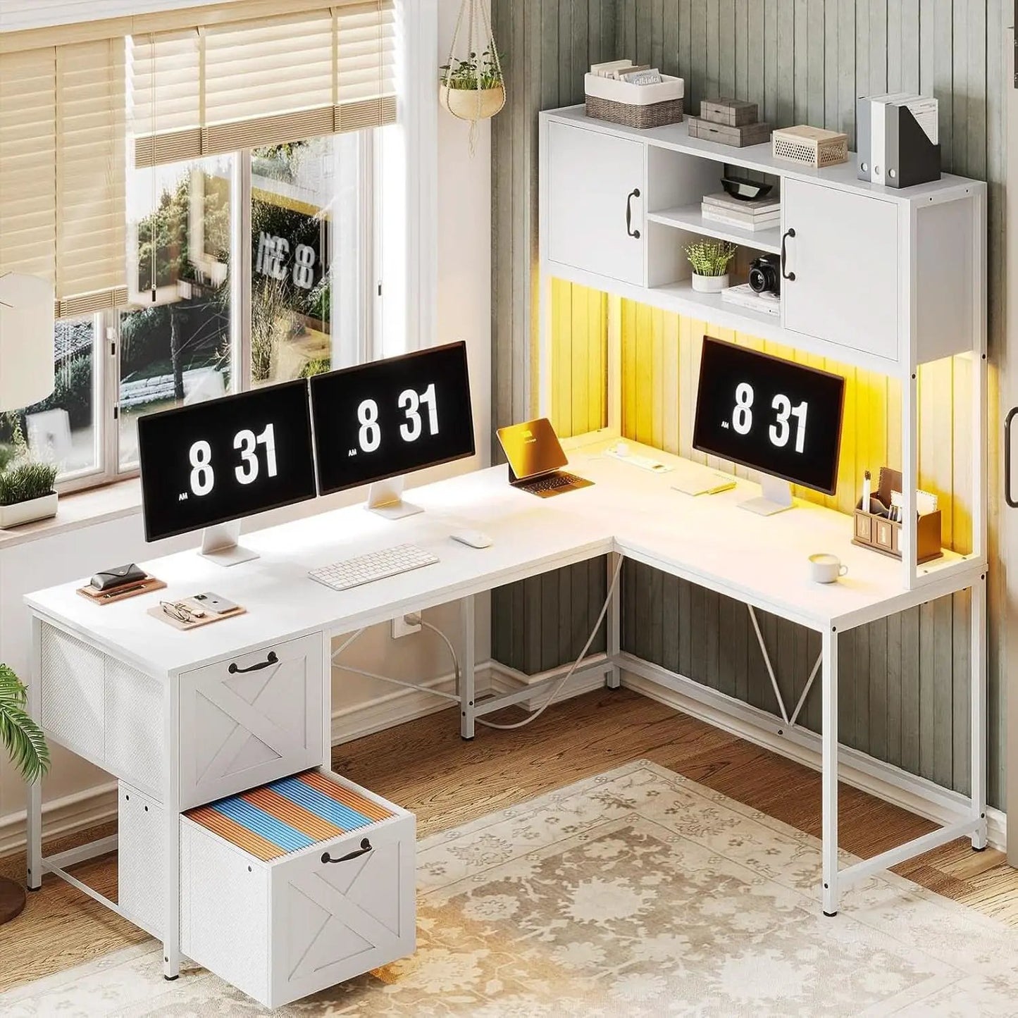 White L Shaped Desk With Fabric File Drawers And Storage from PriceLows™