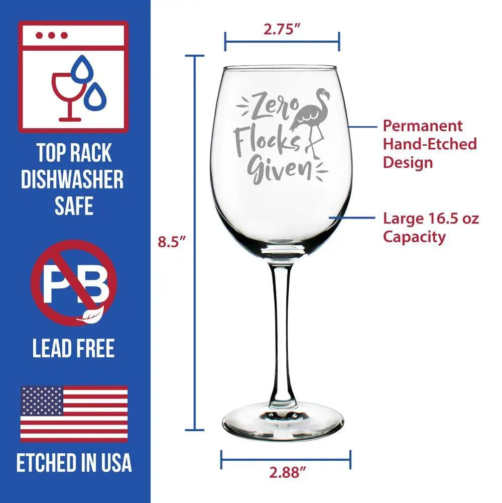 Etched Stemless Wine Glass | 16.5 oz | Dishwasher Safe | Zero Flocks Given - Cute Funny Flamingo (Style 2)