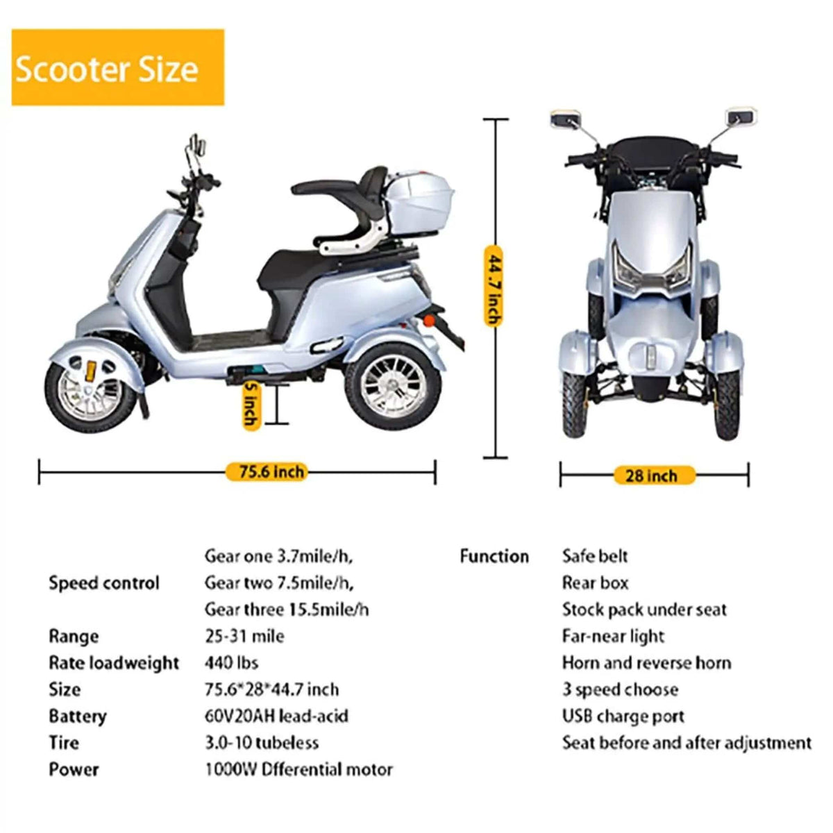 Zvg Heavy-Duty 1000W 60V/20AH 330LBS Four-Wheel All-Terrain Travel Mobility Scooter | 330 lb | 60 Volt | Home