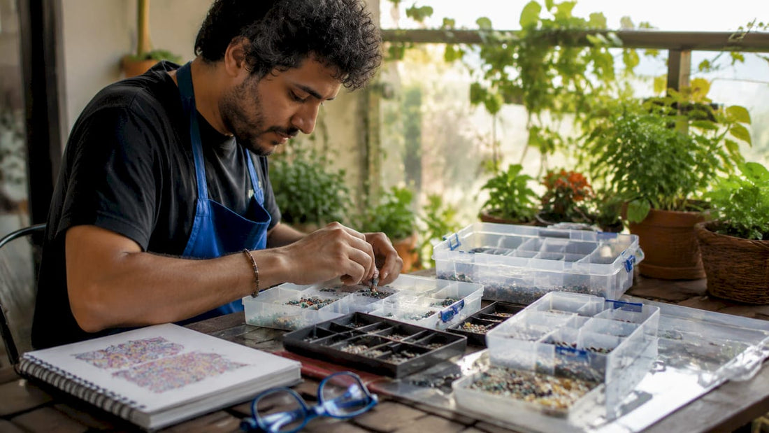 Hobbyist organizing small parts containers