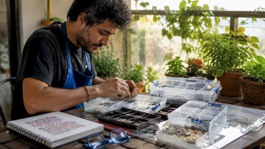 Hobbyist organizing small parts containers