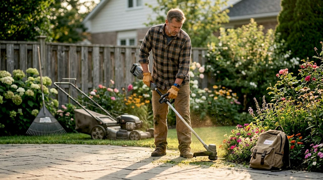 Man assembling yard tools on lawn