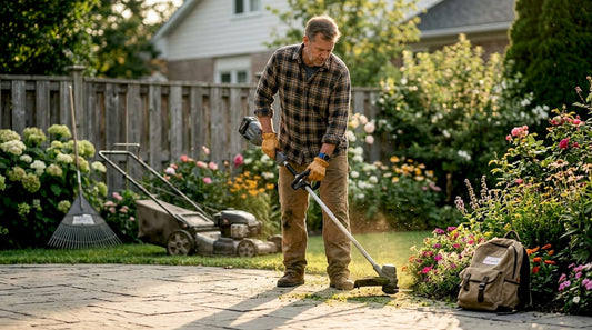 Man assembling yard tools on lawn