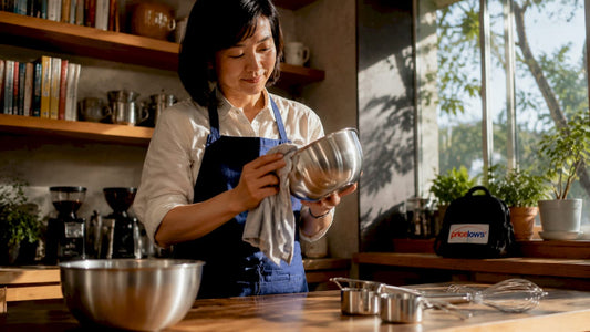 Woman drying stainless steel kitchen bowl