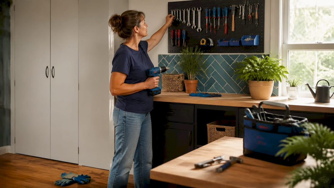 Woman organizing tools on wall storage in garage
