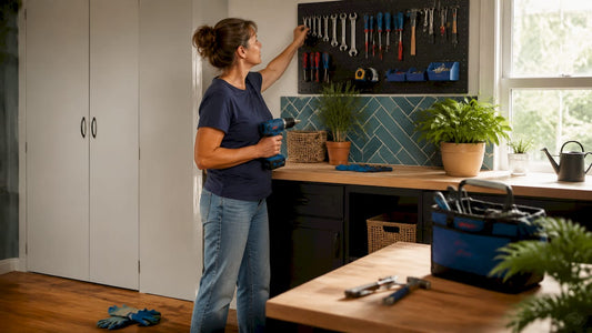 Woman organizing tools on wall storage in garage