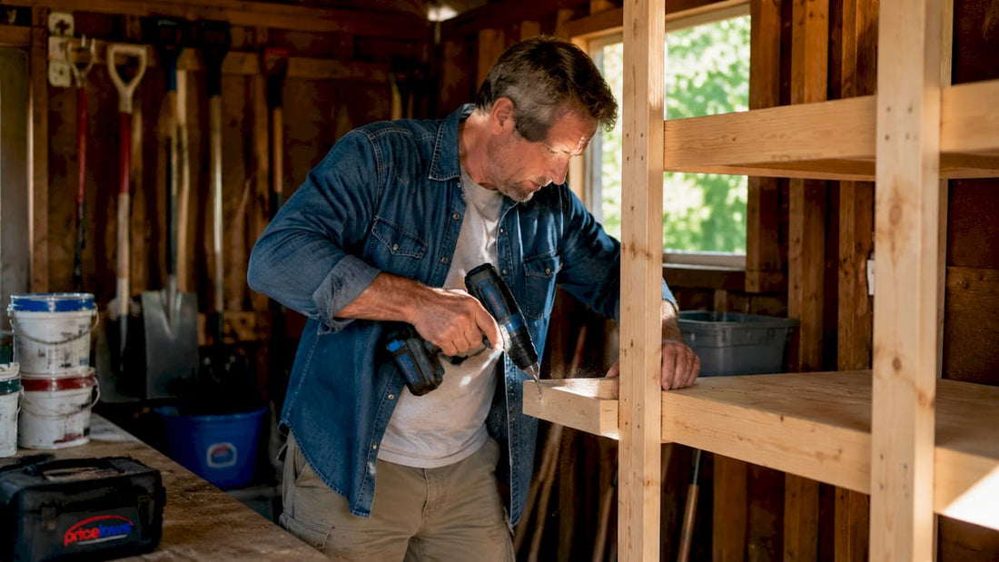 Man building wooden garage shelves in home garage