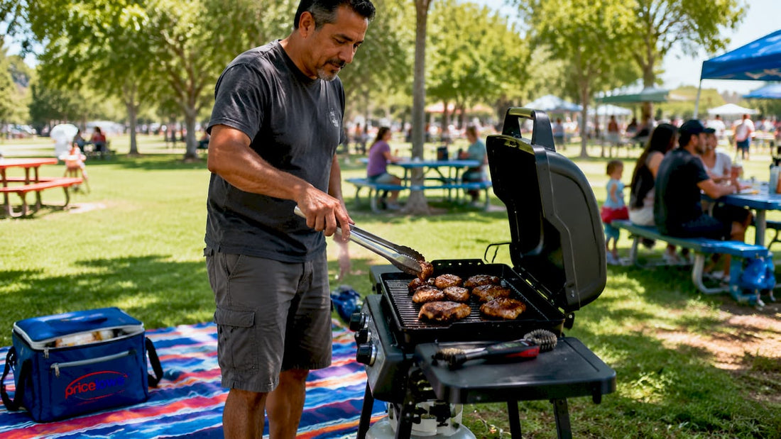 Man grilling steaks outdoors with tools