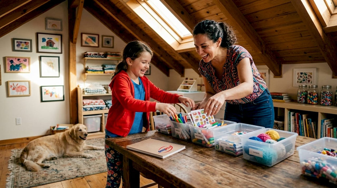 Mother and daughter organizing craft supplies