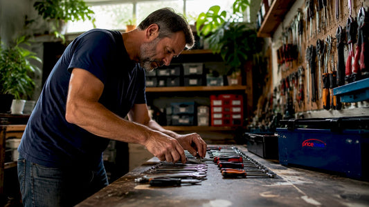 Man organizing tools in garage workspace