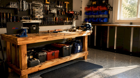 Organized garage hobby workspace with PriceLows logo