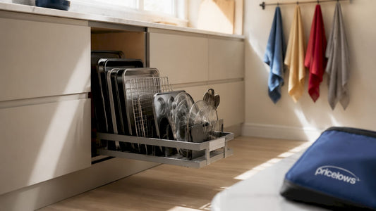 Pull-out shelves in organized kitchen cabinet