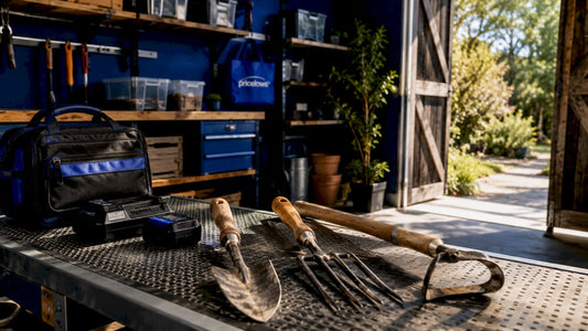 Budget yard tools on garage workbench with PriceLows logo