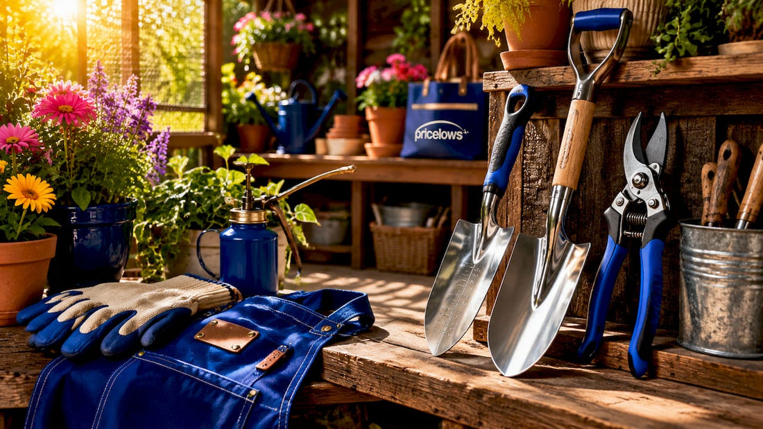 Organized yard tools hanging in garage with logo