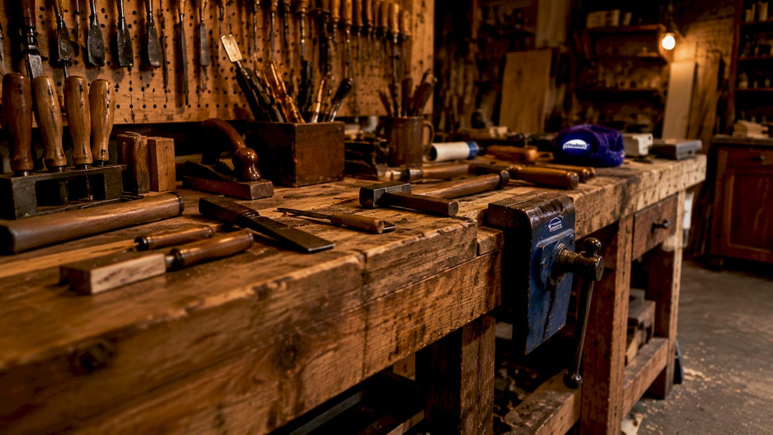 Garage woodworking workbench with tools and logo