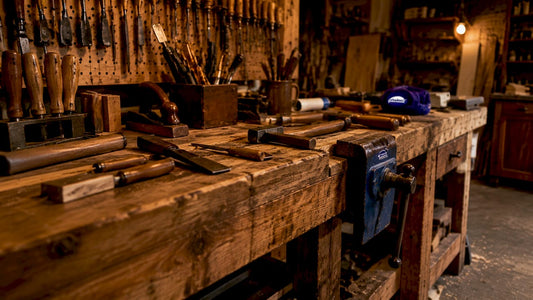 Garage woodworking workbench with tools and logo