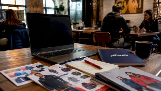 Laptop and printed catalog for home improvement shopping on desk