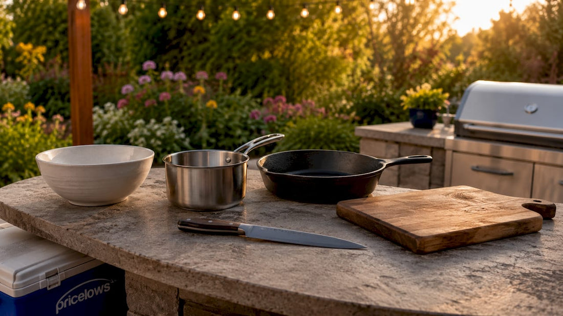 Essential kitchen tools neatly arranged on counter with PriceLows™ logo