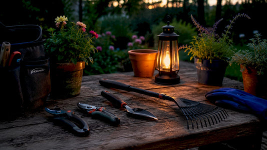 Ergonomic yard tools arranged on workshop bench