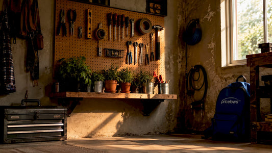 Garage wall with organized pegboard tool storage and PriceLows logo
