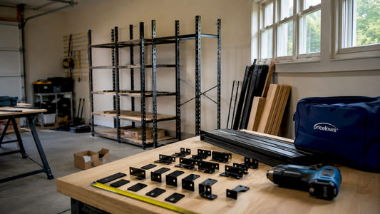 Modular shelving assembly in bright living room corner