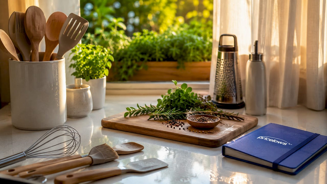 Assorted kitchen gadgets on countertop with PriceLows logo