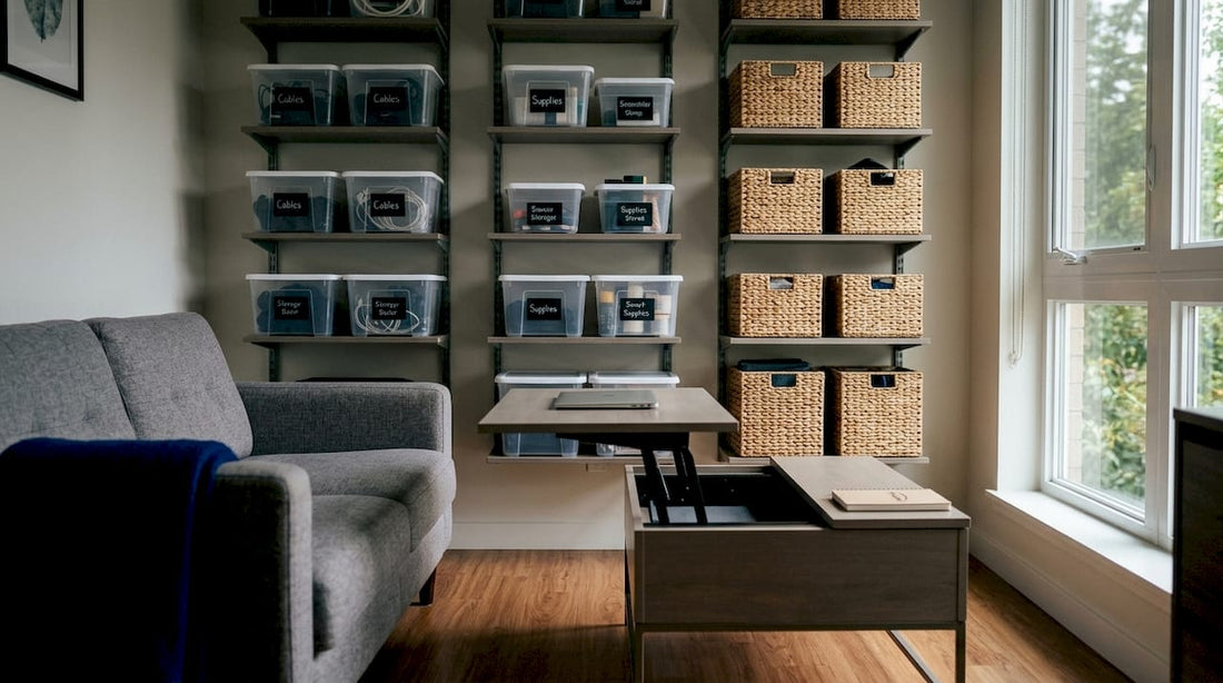 Small apartment with vertical wall shelves and multifunctional furniture