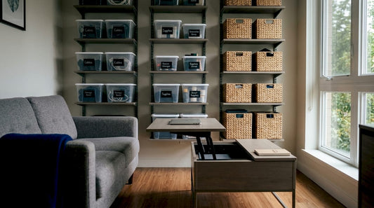 Small apartment with vertical wall shelves and multifunctional furniture