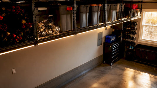 Organized garage with overhead shelving installed