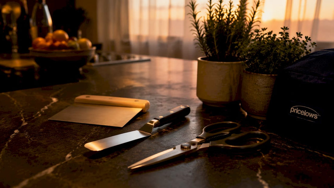 Array of underrated kitchen tools on kitchen counter