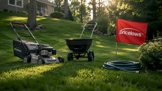 Lawn care tools arranged on a green lawn with PriceLows logo