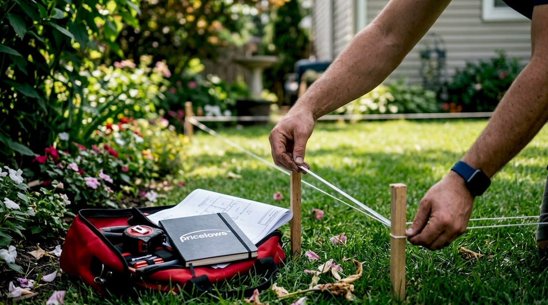 Hands staking out backyard patio area