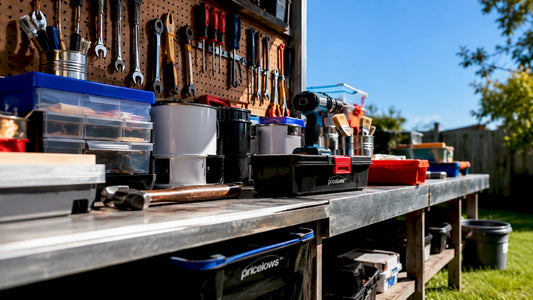 Affordable home and garage supplies on workbench with logo