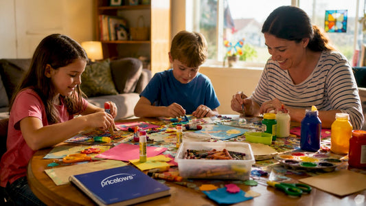 Overhead view of DIY family craft table with logo