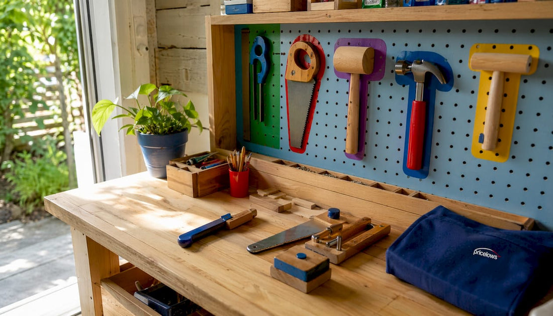 Organized kids woodworking tools in workshop