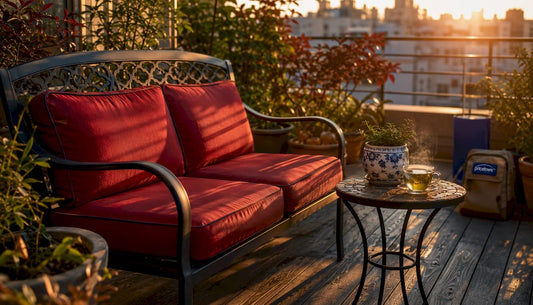 East-facing outdoor seating bathed in morning sun