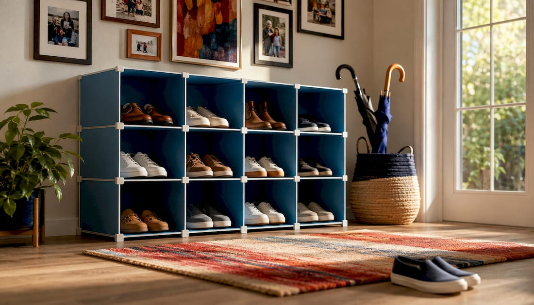 Neat home entryway with storage baskets and coat rack