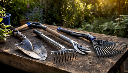 Assortment of yard tools showing material types on workbench